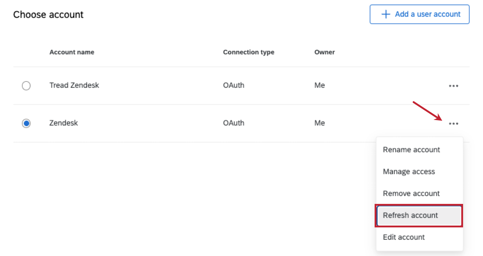 Lorsque l'on clique sur les trois points situés à côté du compte Zendesk dans la fenêtre modale Qualtrics, l'option « Actualiser le compte » est surlignée dans le menu qui s'affiche.