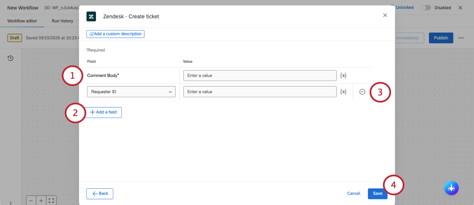 modal where you set up the zendesk create ticket task