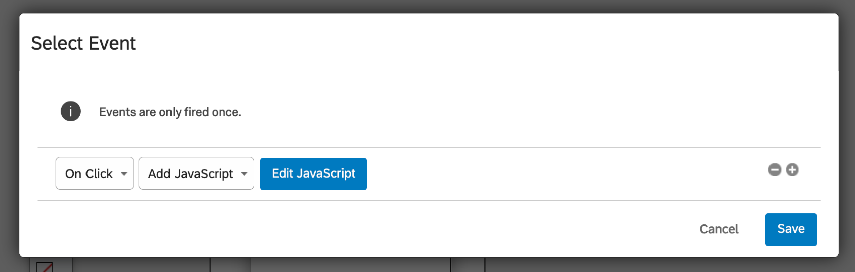 Opciones de evento configuradas para agregar JavaScript