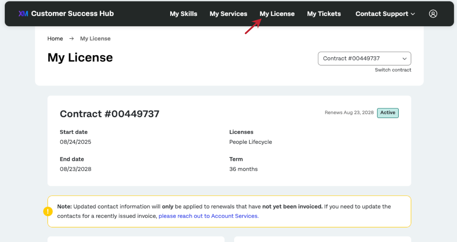 image of my license page in the hub, with an arrow showing where it appears in the top navigation bar next to my skills and my services
