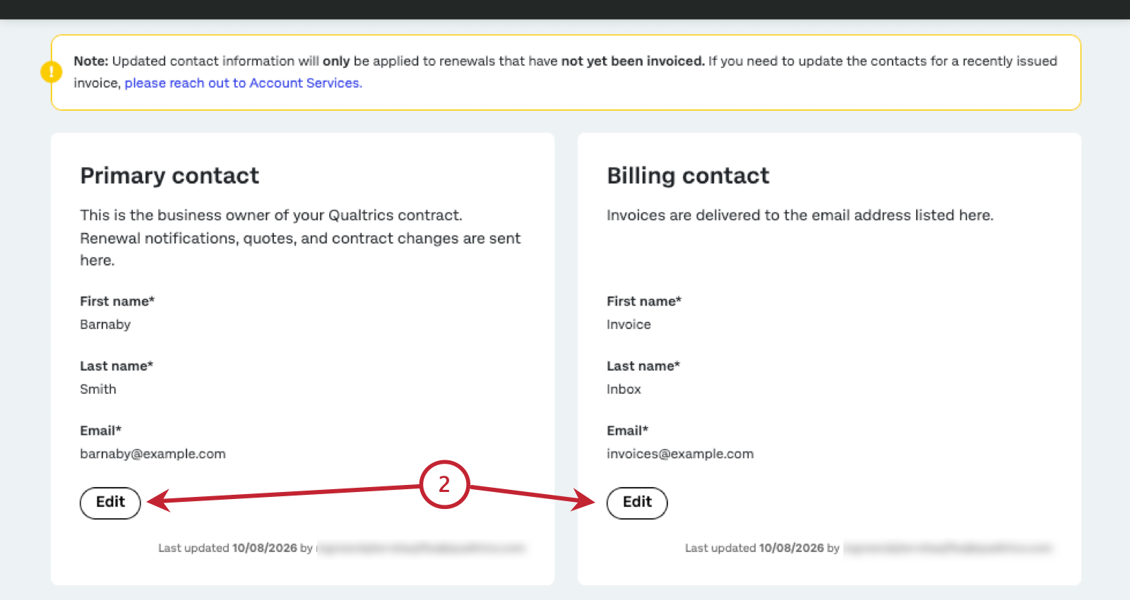 edit button at the bottom of the primary contact and billing contact tiles