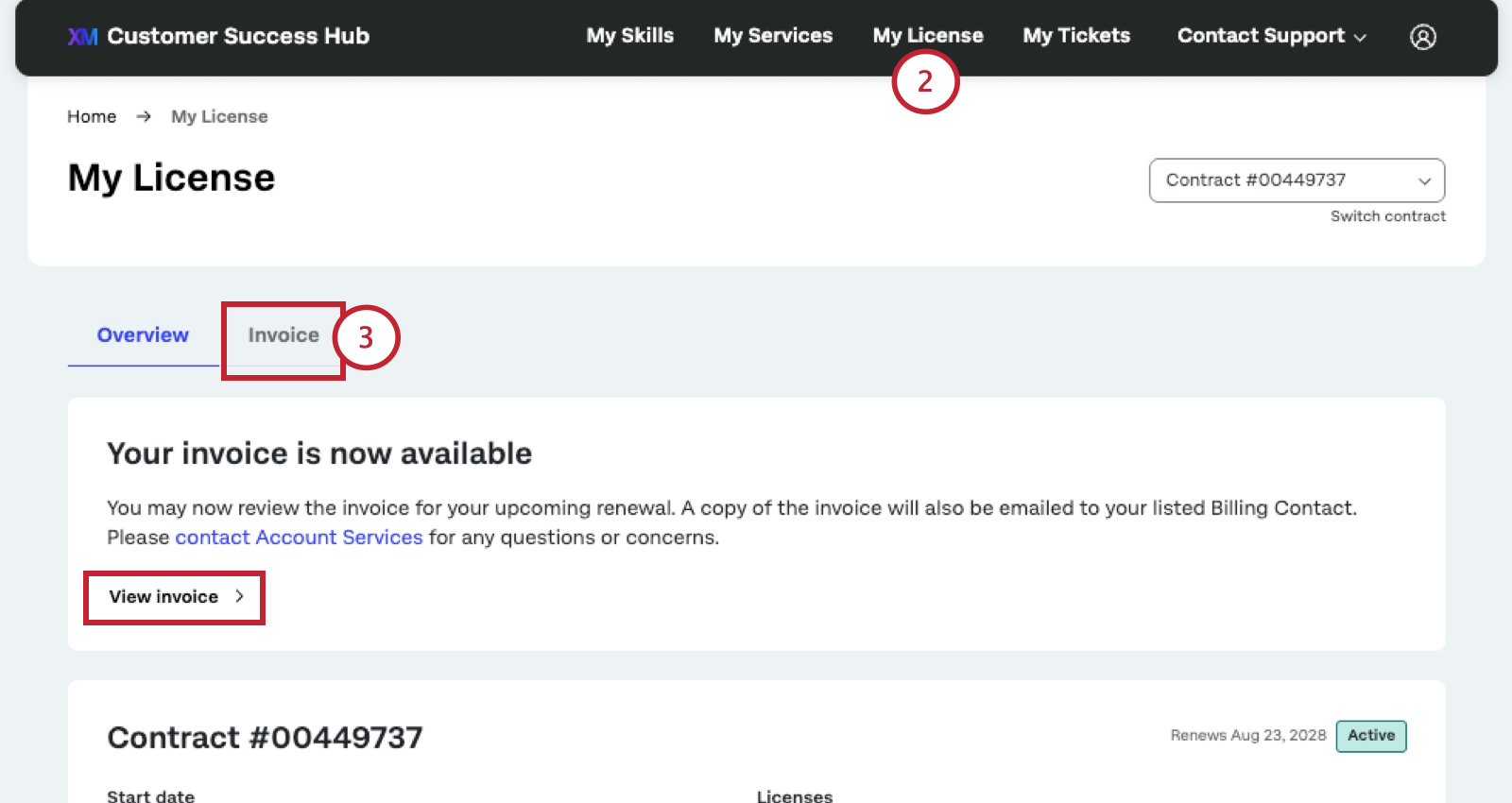 image of my license page and the invoice tab and view invoice button