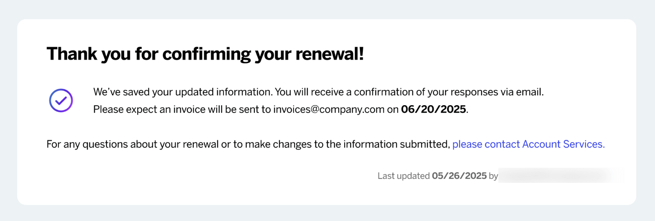 the confirmation page after submitting the renewal