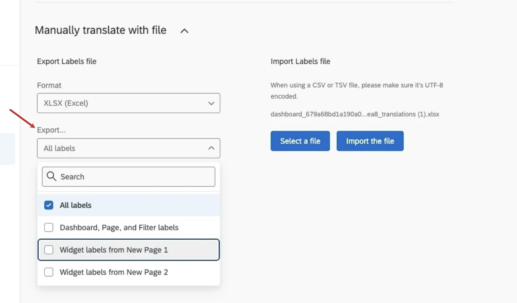 dropdown with the various options you can select when exporting a label translation file
