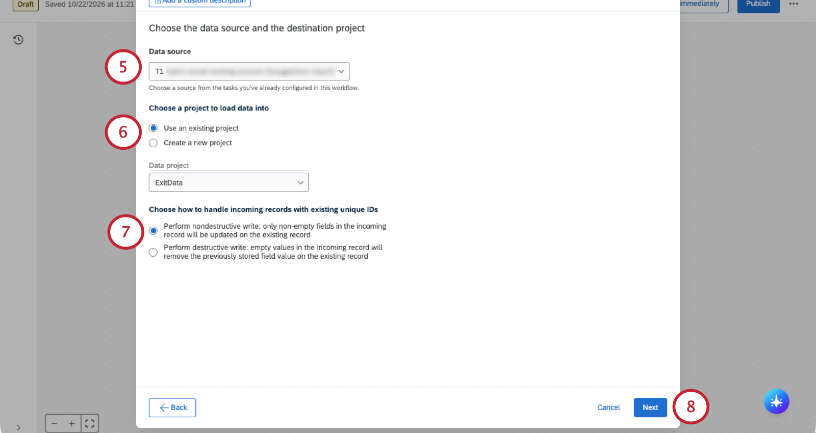 an image of the modal where you set up the load into a data project task, selecting data source, exact project, and how to handle existing IDs