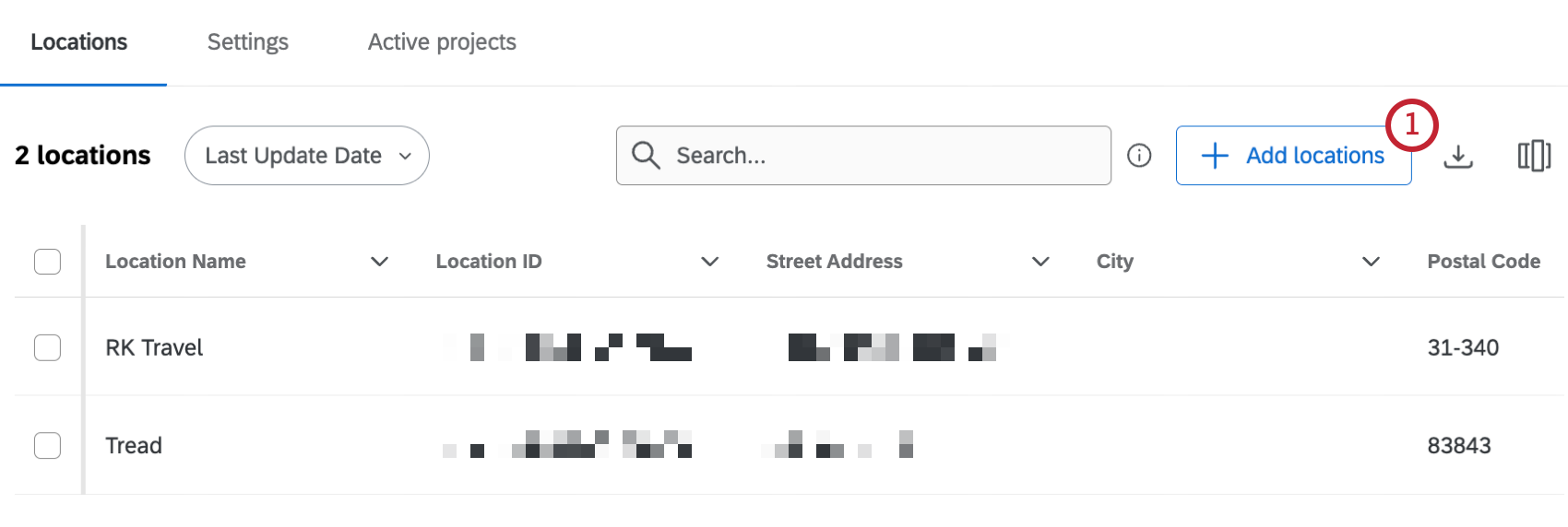 "add locations" button within the location directory