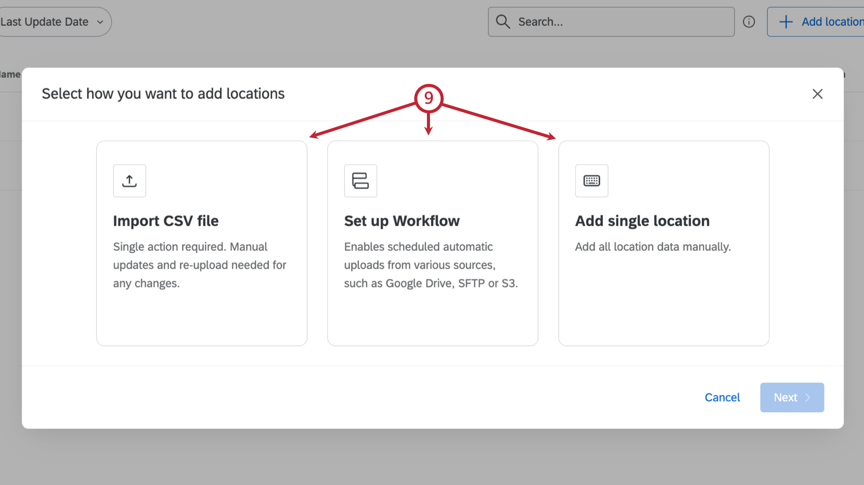 arrows pointing to the options to add a location to the directory