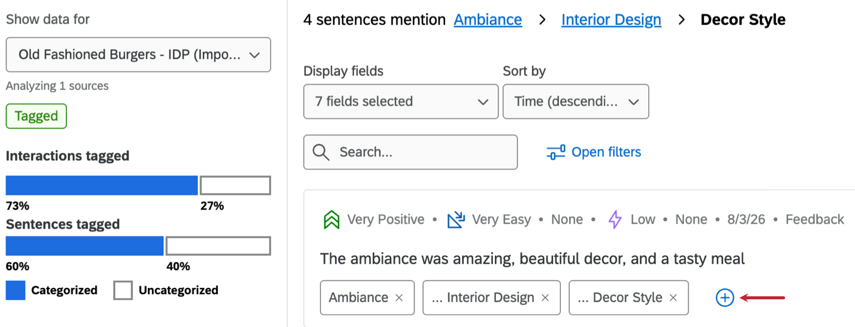 an arrow points to the plus sign at the end of the list of tags within a segment