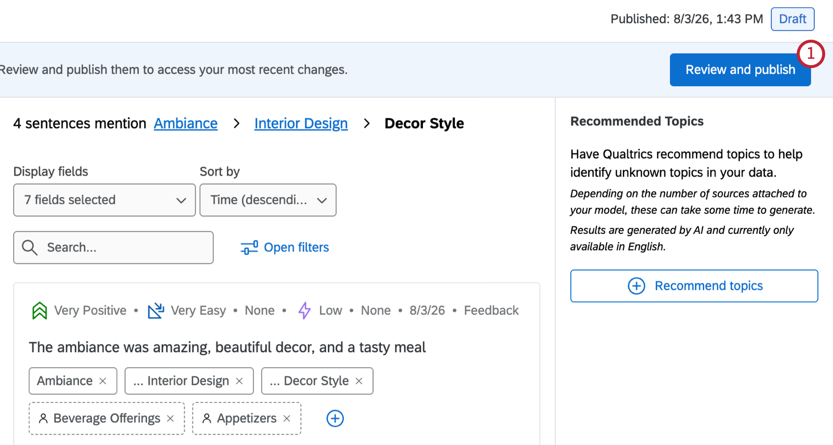 review and publish button highlighted in the top right of a topic model