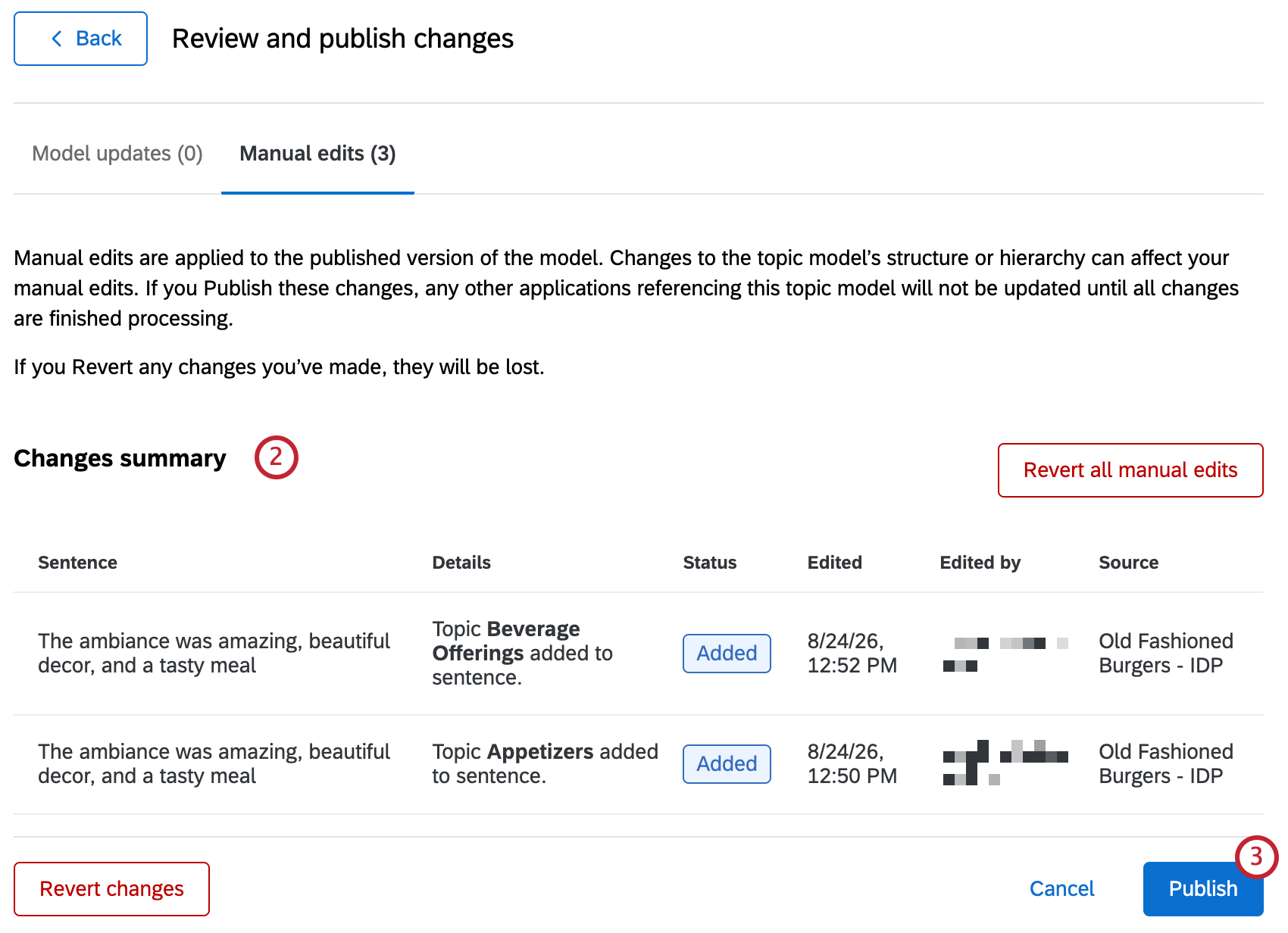 changes summary within the manual edits tab