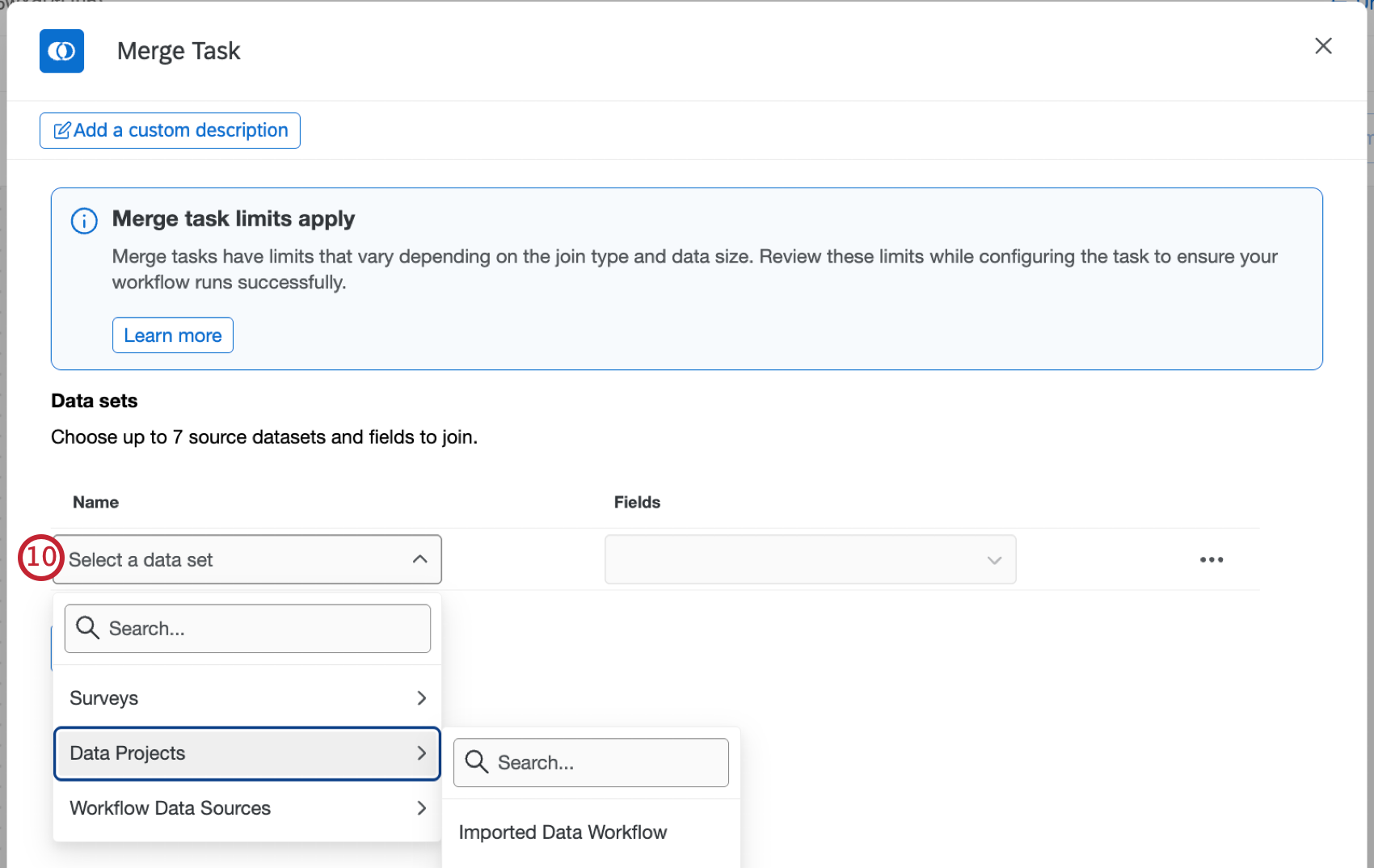 dropdown to select a data set for use in the merge task