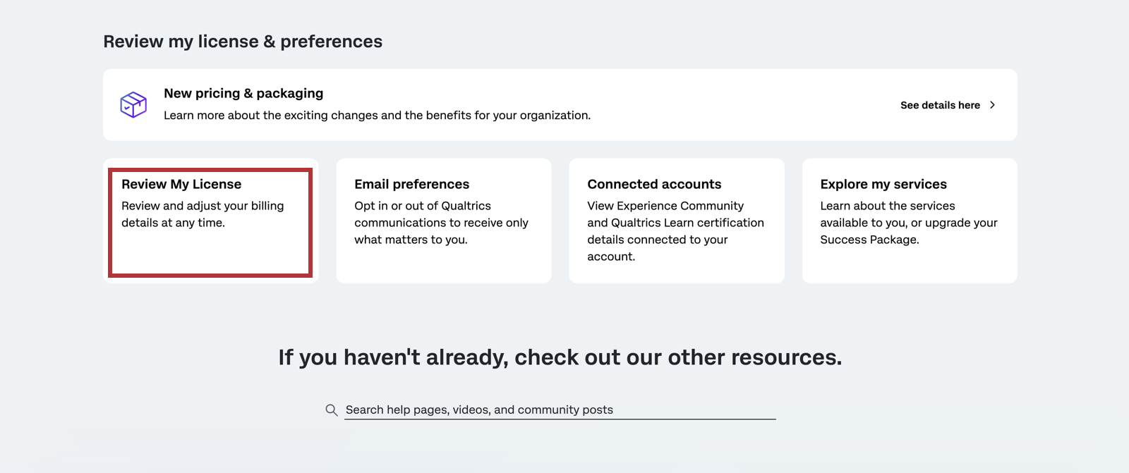 tiles at bottom of page, review my license is highlighted