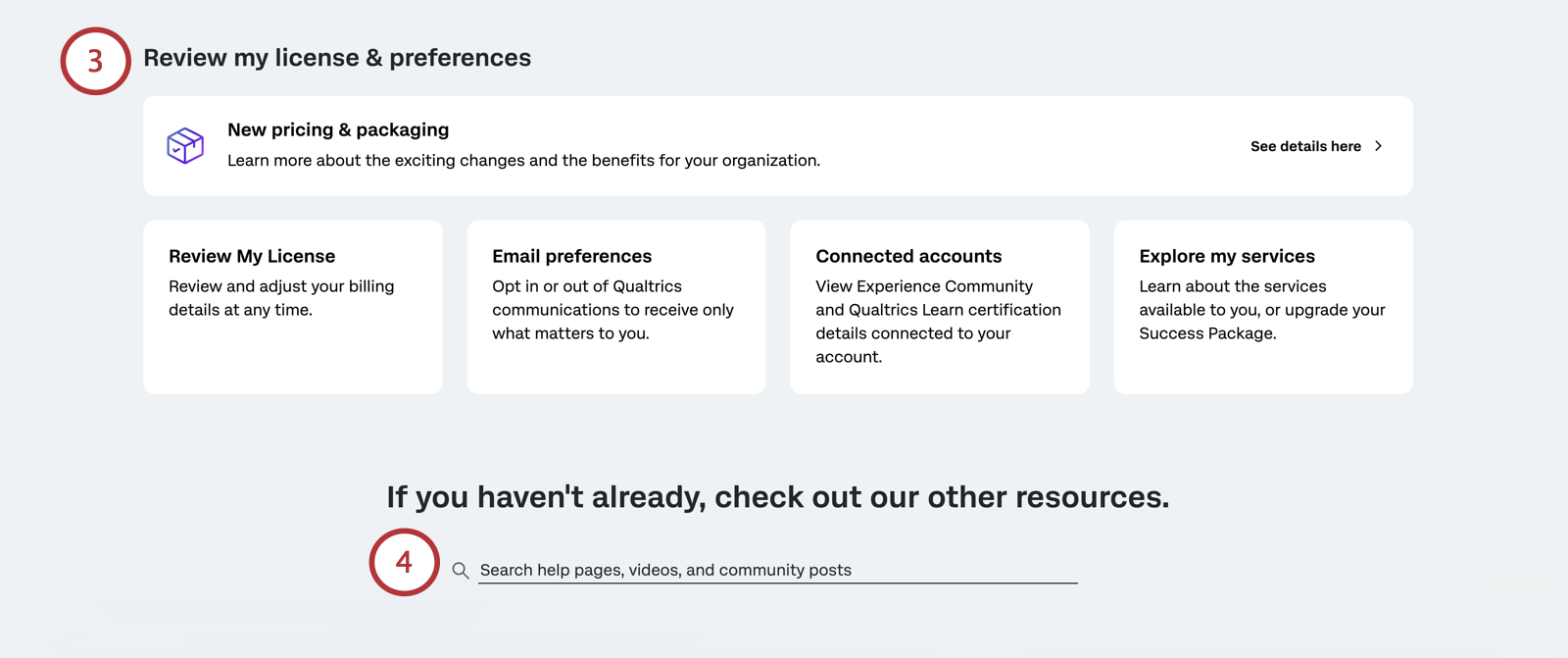 bottom of customer success. hub homepage where there are tiles with license resources and a search bar