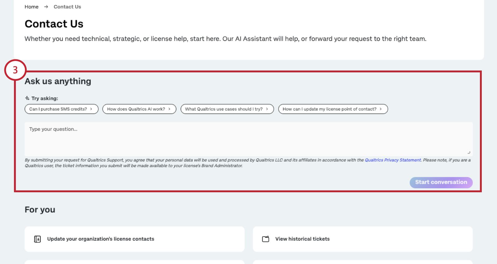 box where you can type questions but with sample clickable questions above it