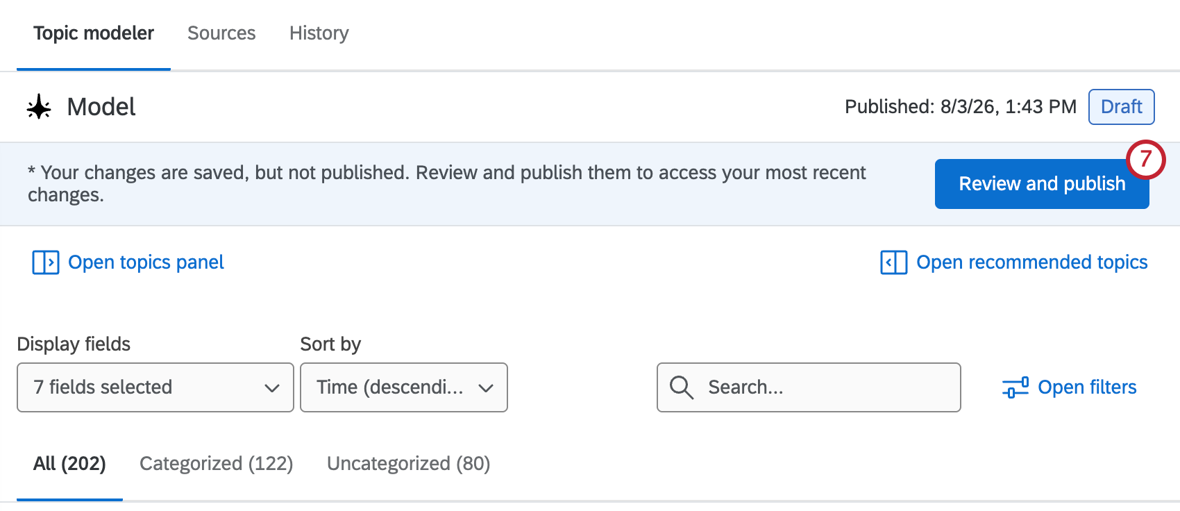 review and publish button in the top right of the topic modeler