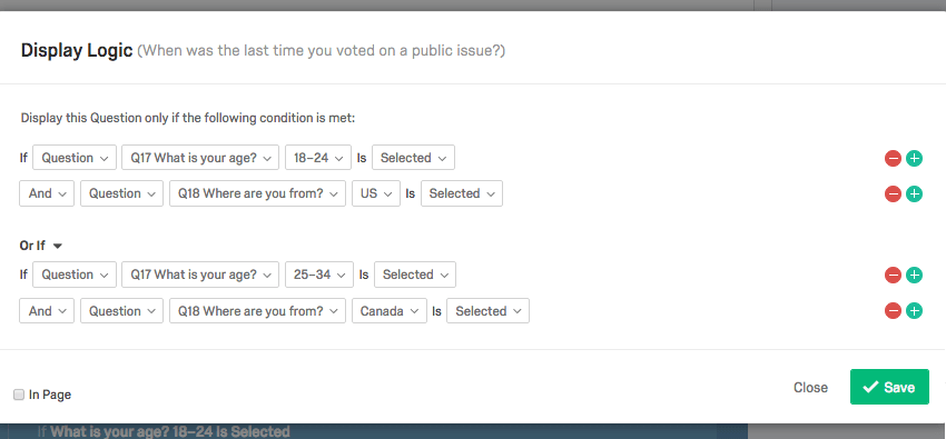 Anzeigelogik, die besagt, dass Umfrageteilnehmer zwischen 18 und 24&nbsp;Jahre alt sein und aus den USA stammen oder zwischen 25 und 34&nbsp;Jahre alt sein und aus Kanada stammen müssen