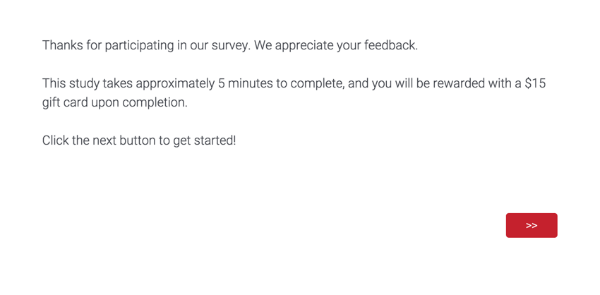 The first page of the survey thanks respondents for participating, but does not include any questions yet.