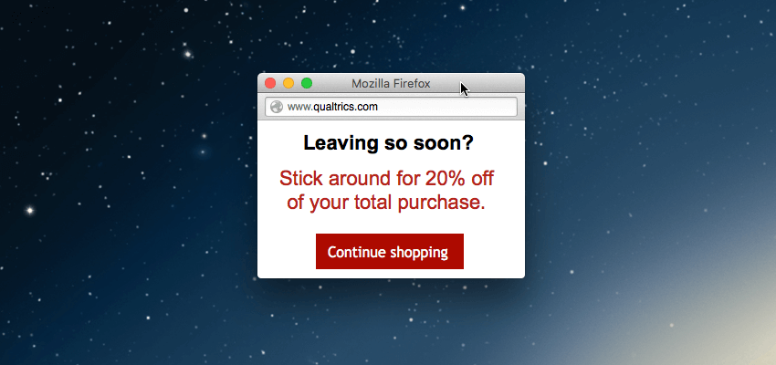 Finestra a comparsa sottostante di Firefox che offre il 20% di sconto sullacquisto del visitatore e un link per continuare a fare acquisti