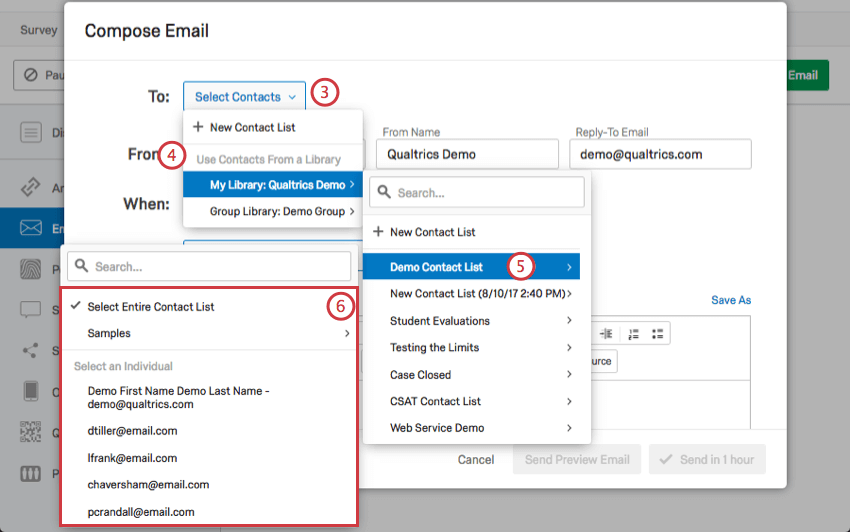 Série de listes déroulantes pour sélectionner la liste de contacts