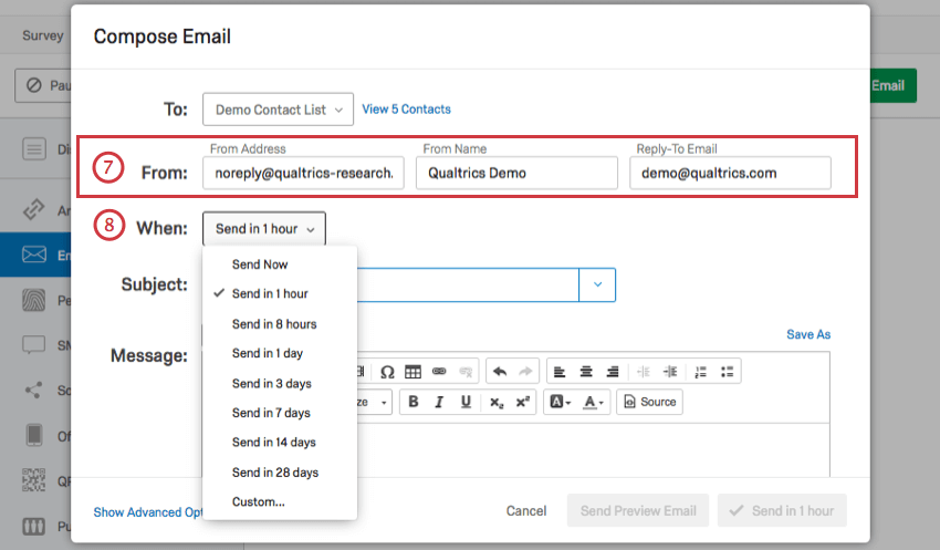 Options d’adresse d’expéditeur, nom d’expéditeur et e-mail de réponse, et quand envoyer