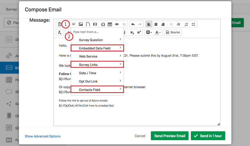 Piped Text dropdown at the top of the Message textbox