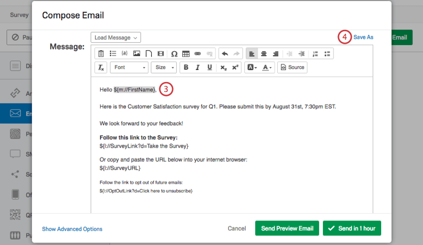 Example of Piped Text for first name in email message