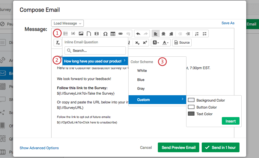 Liste déroulante des questions intégrées à le-mail située en haut de la zone de texte du message