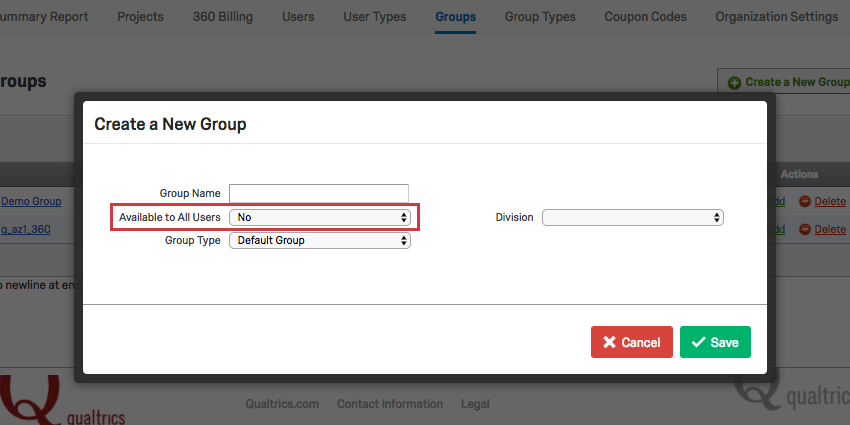 The Create a New Group window with Available to All Users set to No