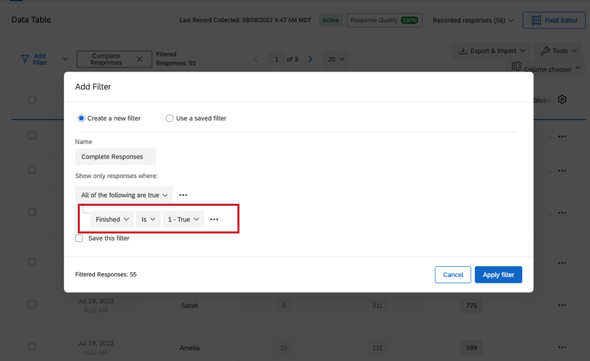 A filter that says survey metadata finished is true, resulting in 55 responses