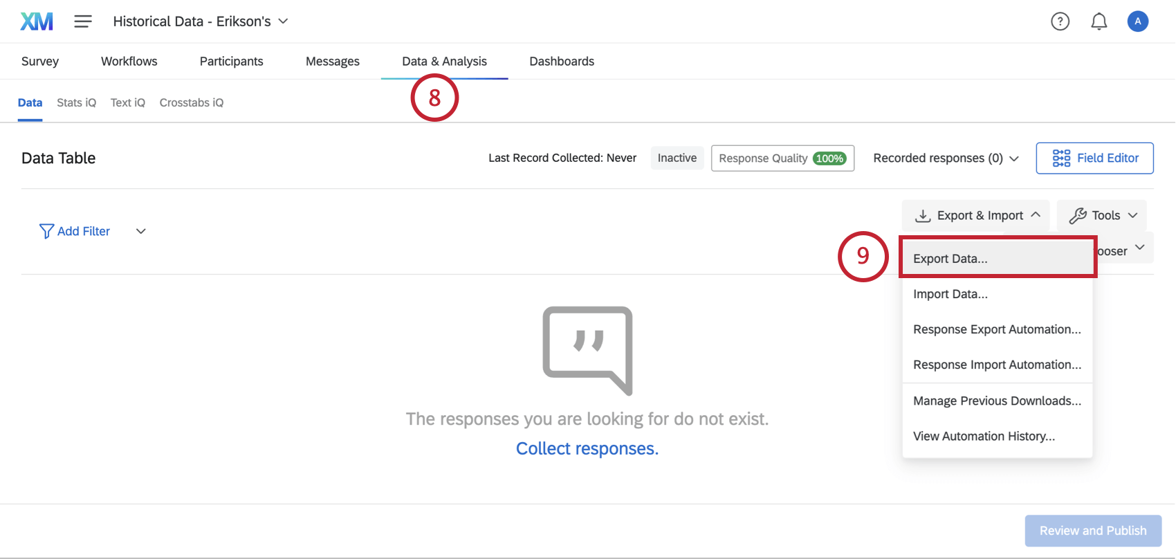Passare alla scheda DATI E ANALISI e selezionare Esporta dati