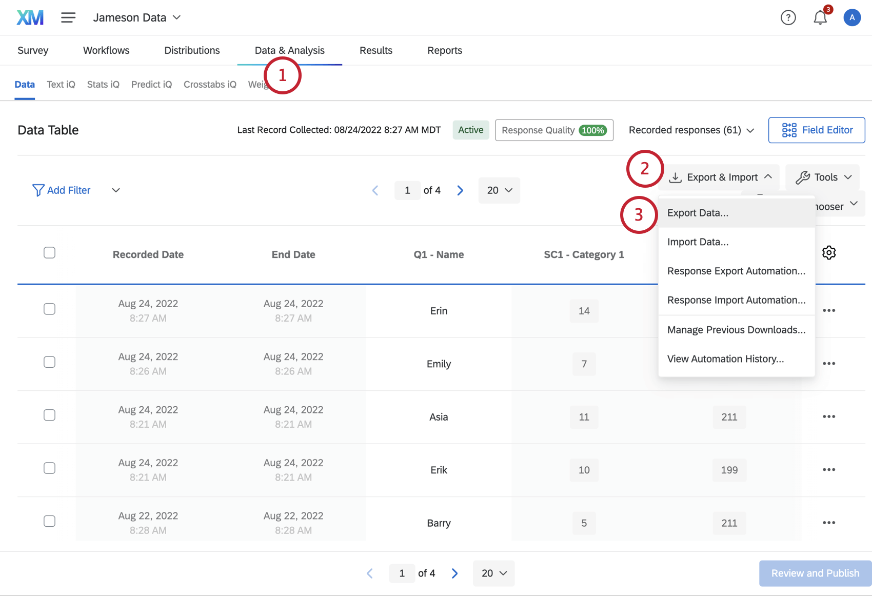 navigating to data & analysis, clicking export & import, and selecting export data