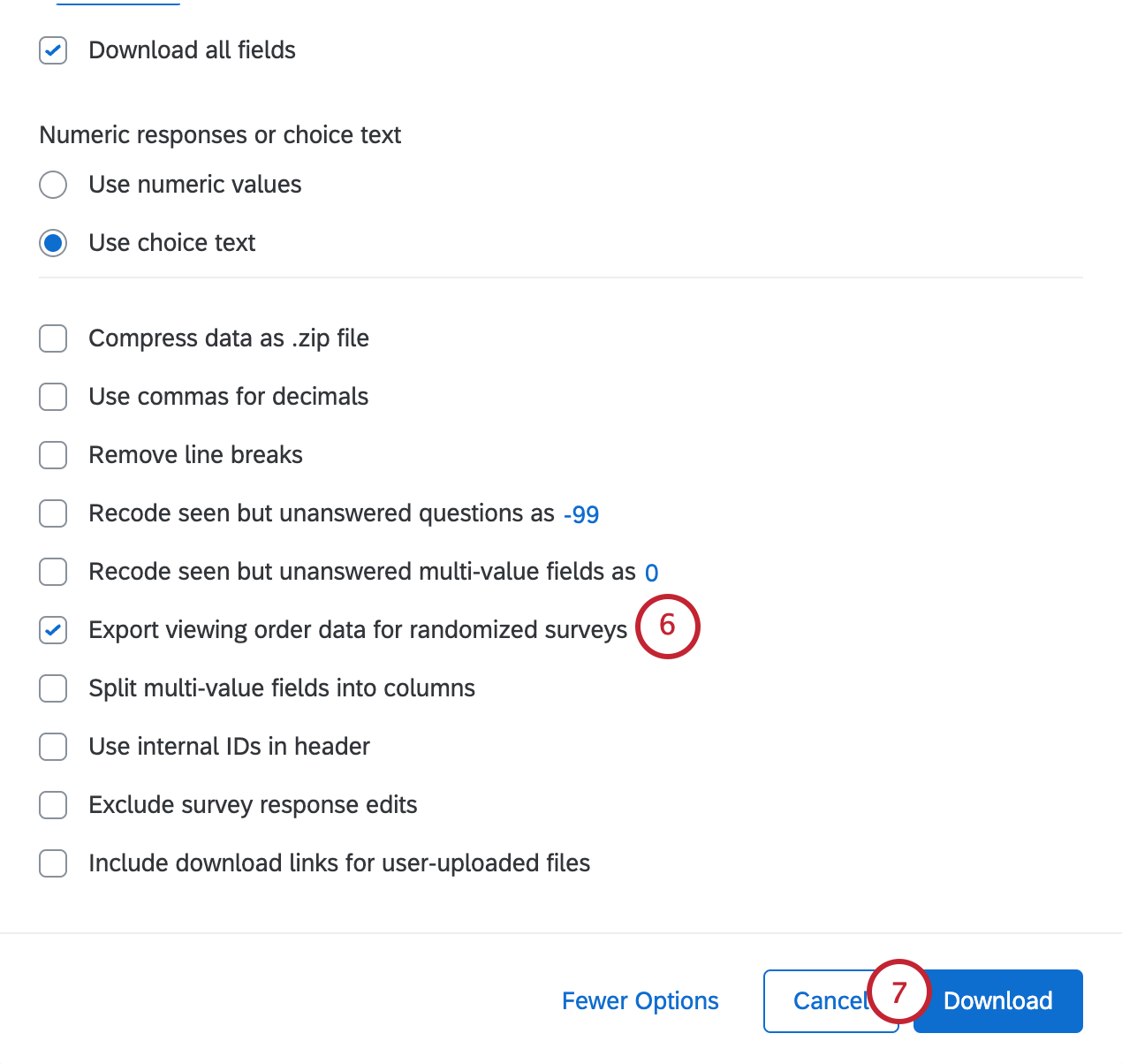 Esportazione dei dati di visualizzazione dellordine verso la parte inferiore della lista delle scelte; pulsante Download in basso a destra