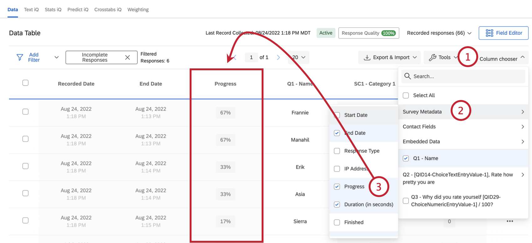 the progress column has been added into the data table by clicking tools and selecting the progress field