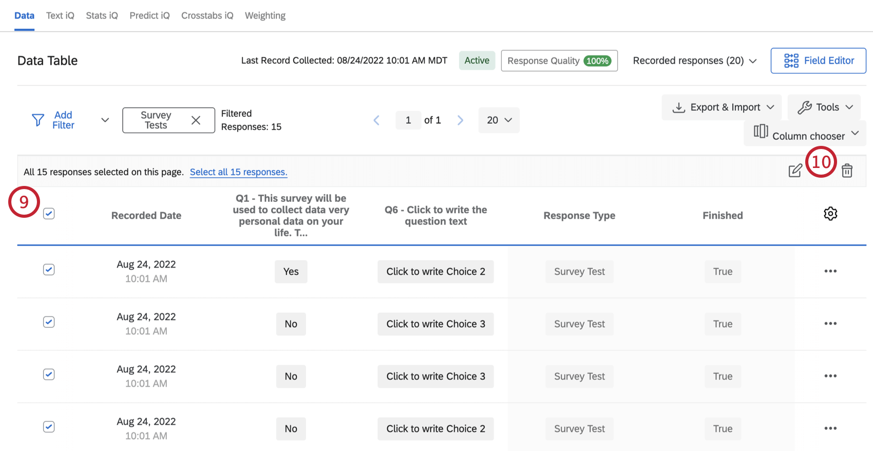 Selecting test responses and deleting them