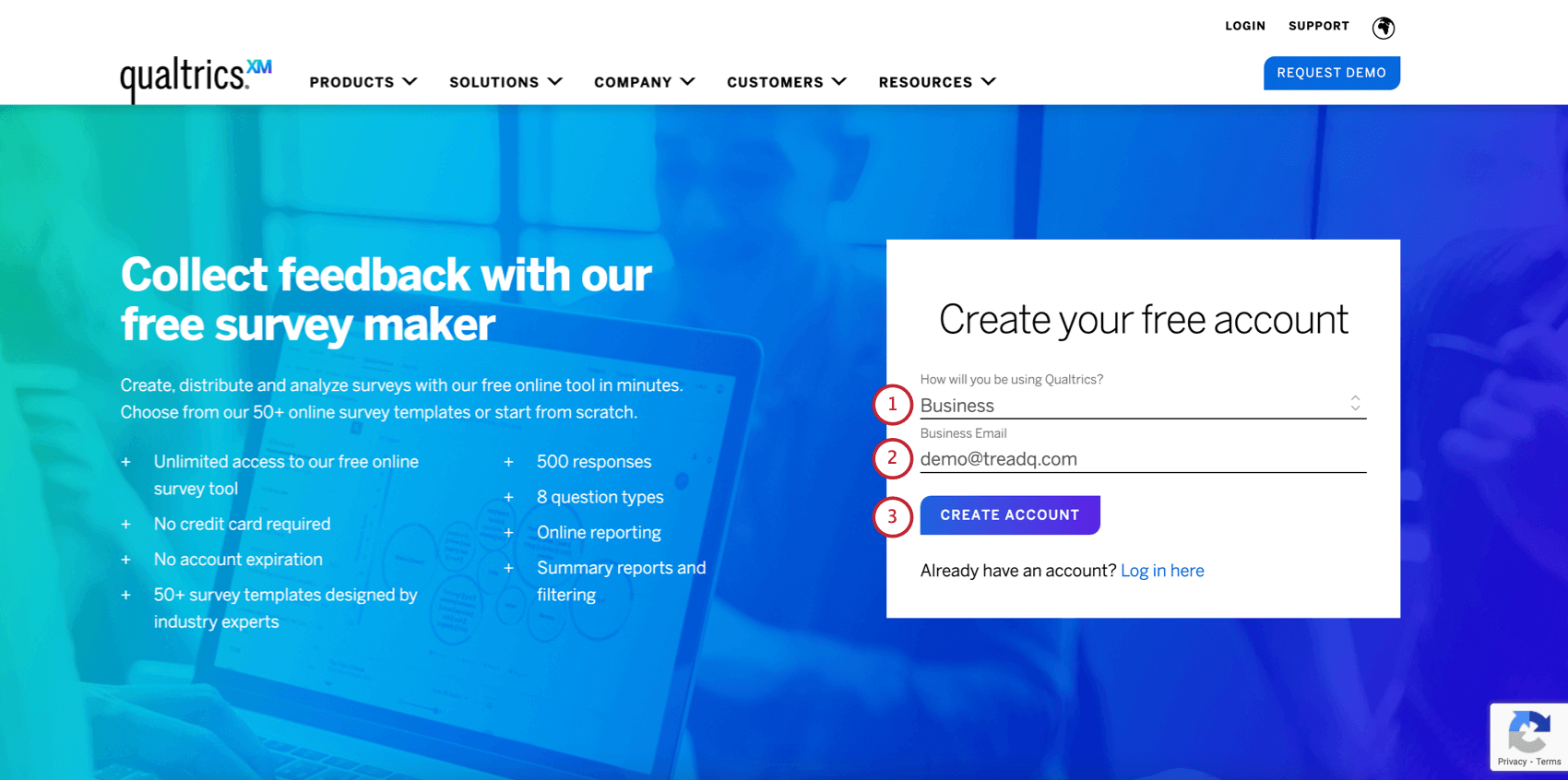 Free accounts sign-up page