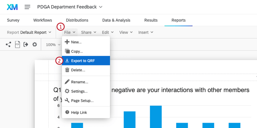 レポートのQRFをエクスポートするには、「ファイル」を選択し、「QRFにエクスポート」を選択します。