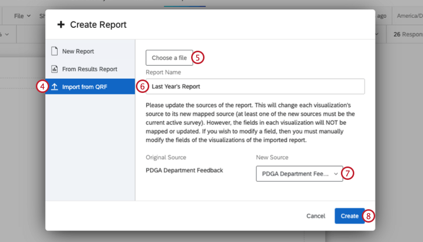 importare un file QRF. selezionare Importazione da QRF e selezionare il file, assegnare un nome al rapporto e scegliere le impostazioni di layout