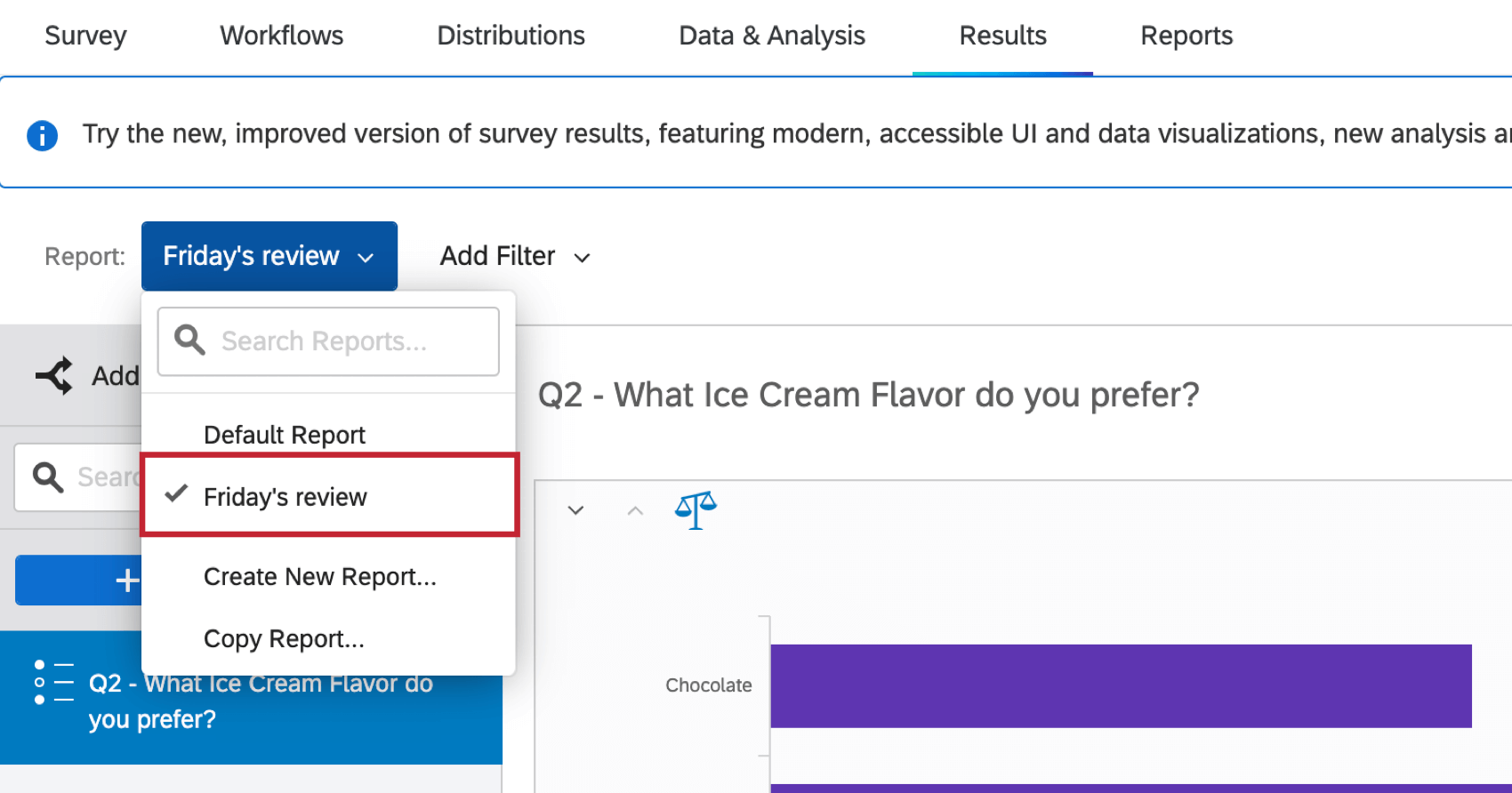 the report dropdown menu. the current report has a checkmark next to it