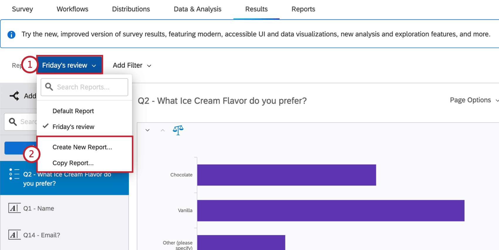 accessing the create and copy options by clicking the report dropdown menu in top left