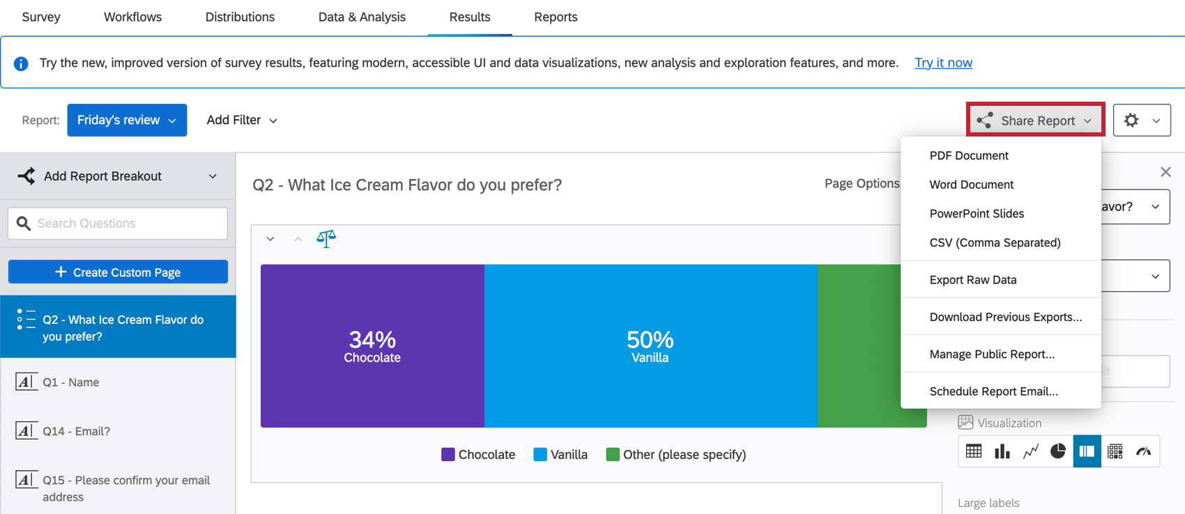the share report button in the top right for sharing and exporting the report