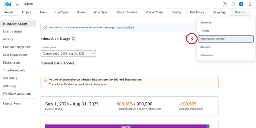 navigating to org settings from the home screen of the admin pages
