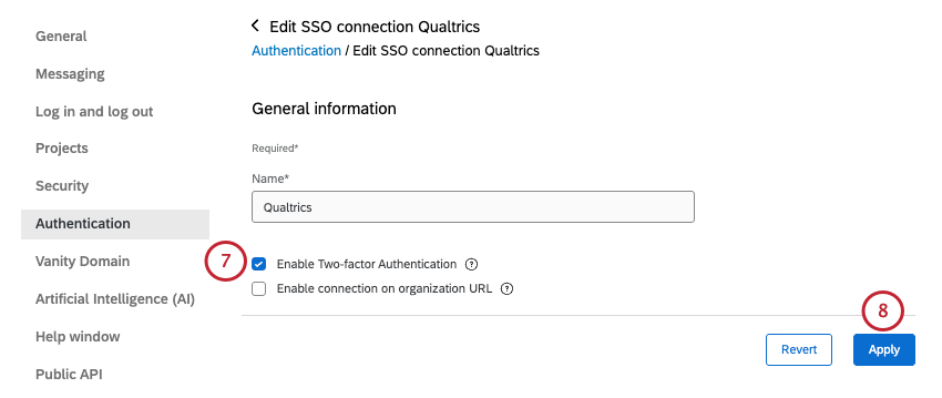 possibilité de renommer la connexion, dajouter 2FA ou dajouter une vanity url