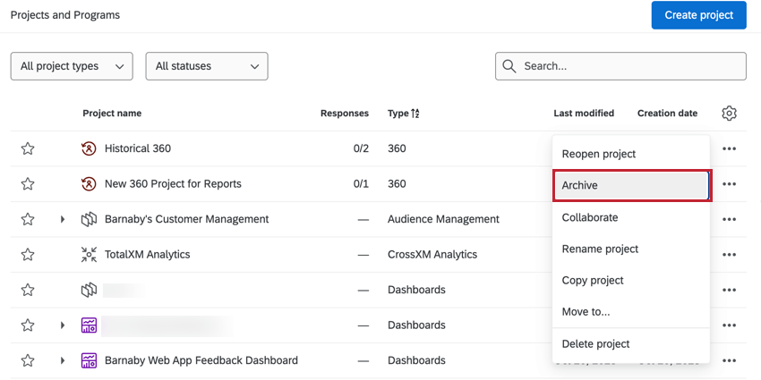 clicking the project actions menu and selecting Archive