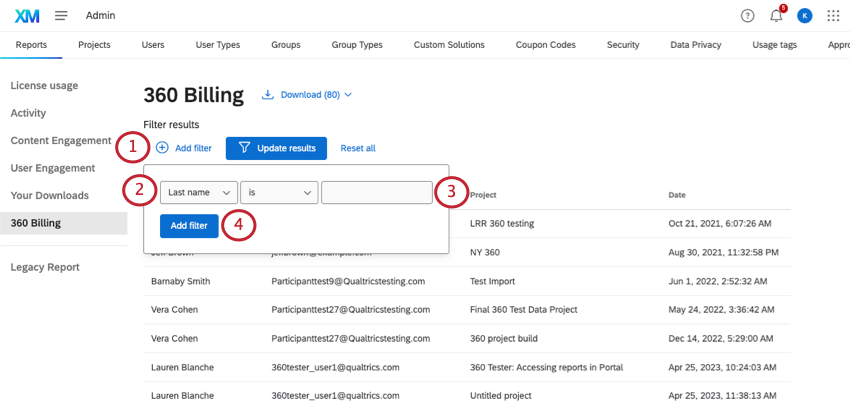 360 billing page with filters expanded