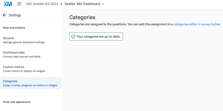 a página de categorias em um dashboard 360 com as categorias já atualizadas