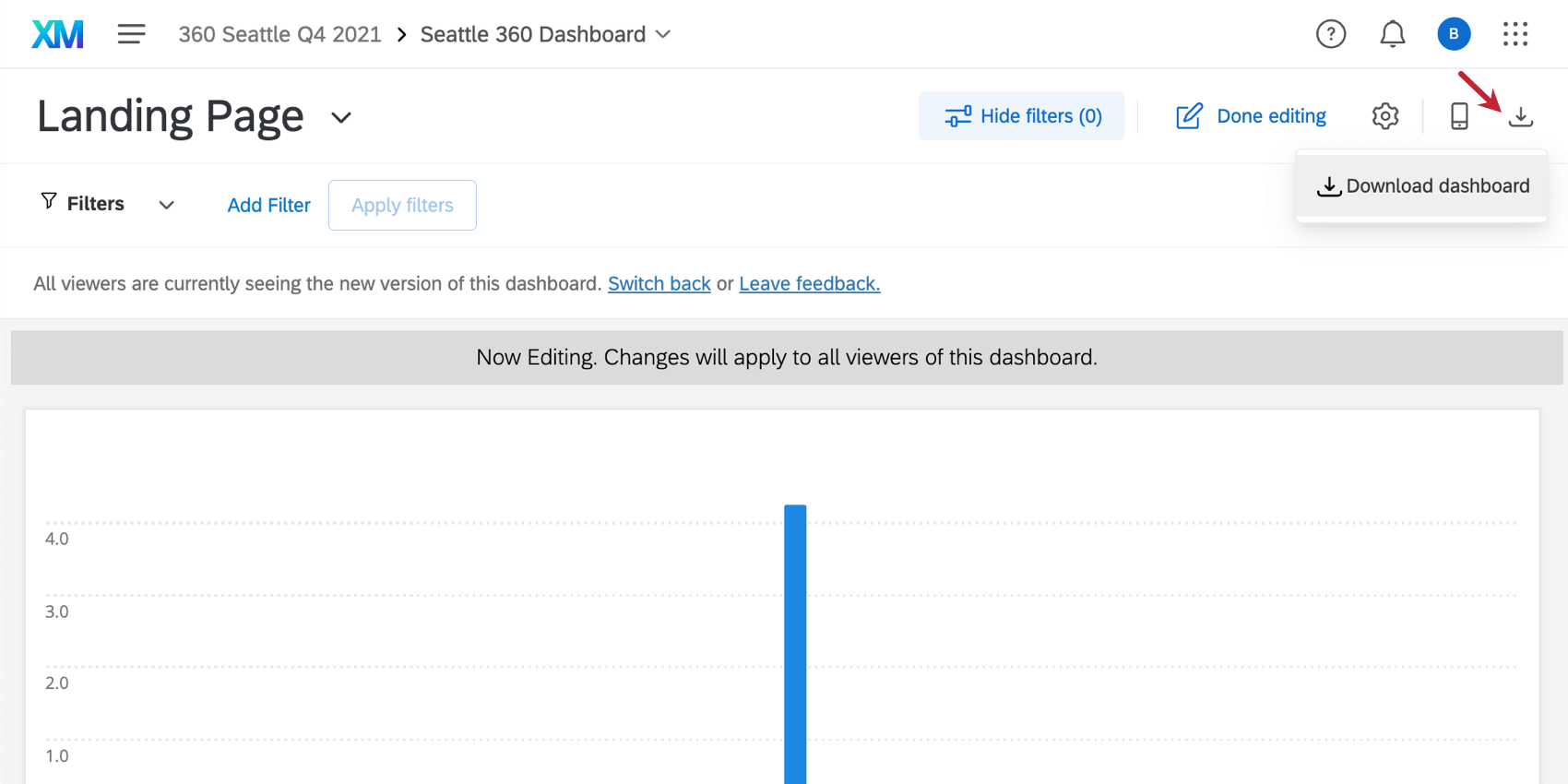 clicking export in the top right of a dashboard