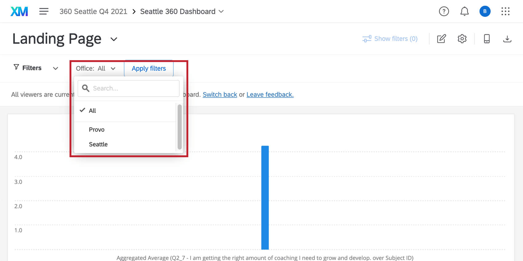 choisir un filtre sur un tableau de bord 360