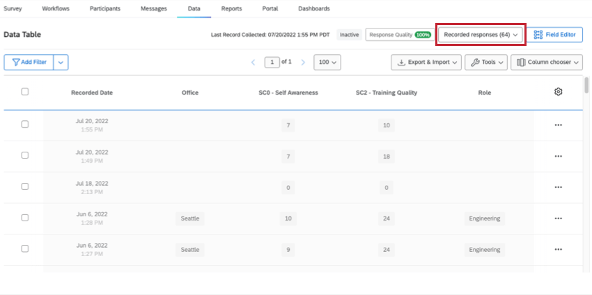 Recorded Responses option in the upper right corner of the Data tab