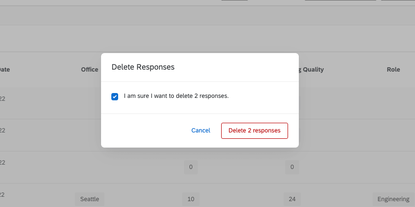 Delete Responses pop up window