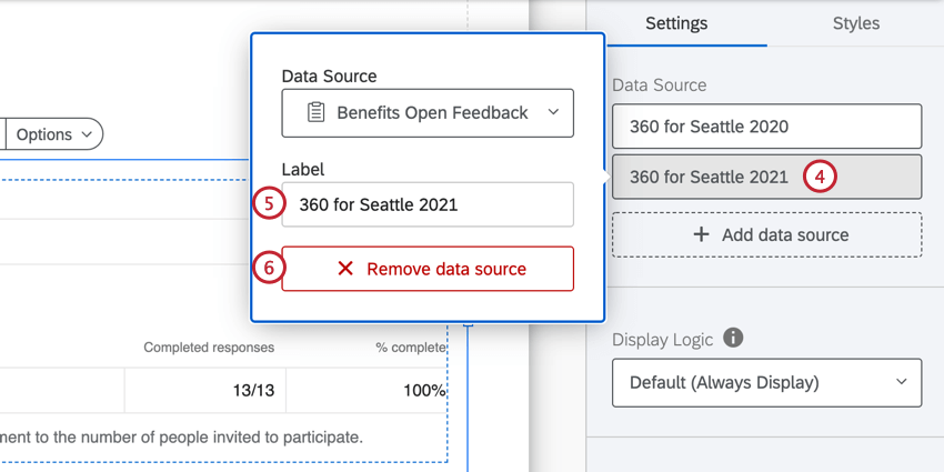 clicking the data source, adding a label, or removing the source